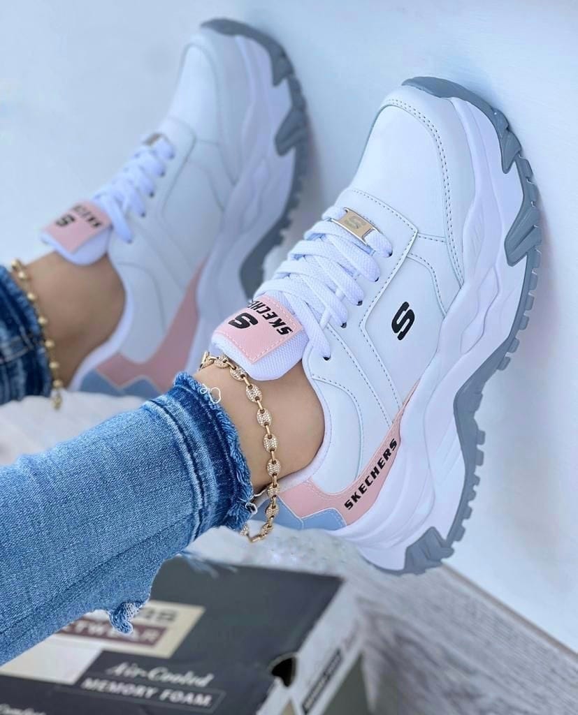 👟 Skechers Suela Alta Blanco Gris Dama 👟